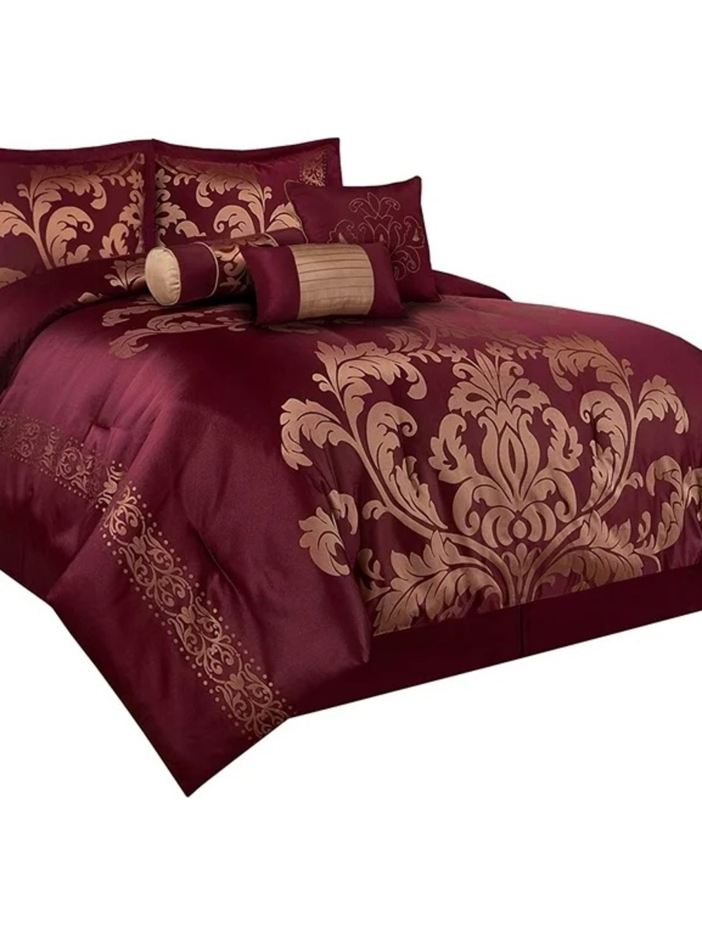 Elegant Burgundy and Gold Damask 3 piece queen Comforter Set